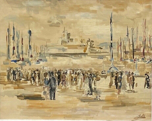 Olio su tela di Meutt 1940 personaggi scena portuale cornice patinata