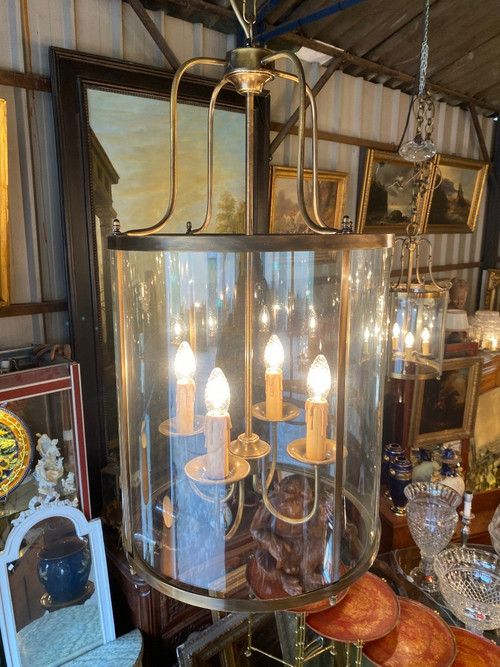 Large Hall Lantern, Cylindrical in Brass, Louis XVI Style