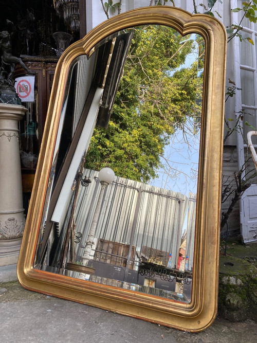 Gilded 19th century fireplace mirror, beveled glass, gendarme hat...