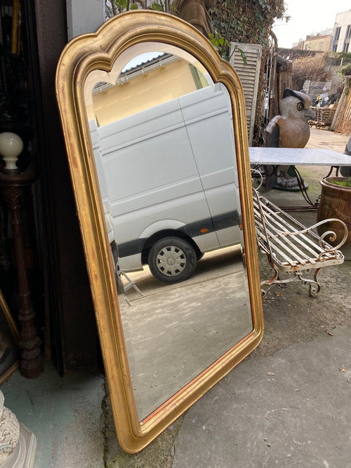 Gilded 19th century fireplace mirror, beveled glass, gendarme hat...