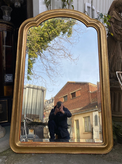 Gilded 19th century fireplace mirror, beveled glass, gendarme hat...