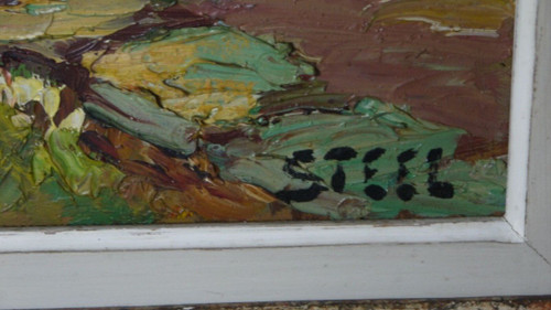 Oil on Isorel by Steel 1950 vegetation house whitewashed frame