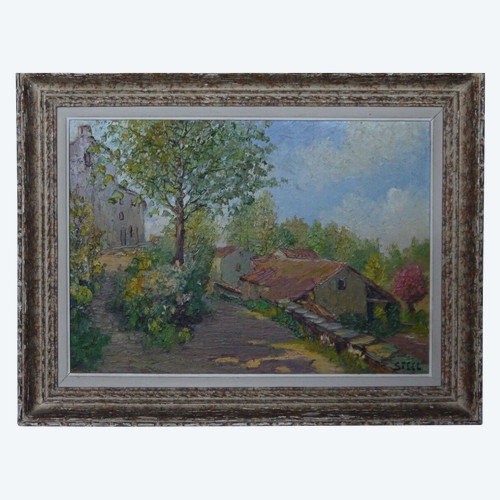 Oil on Isorel by Steel 1950 vegetation house whitewashed frame