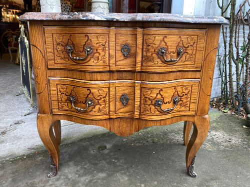 Louis XV Style Shaped Marquetry Chest of Drawers, Stamped