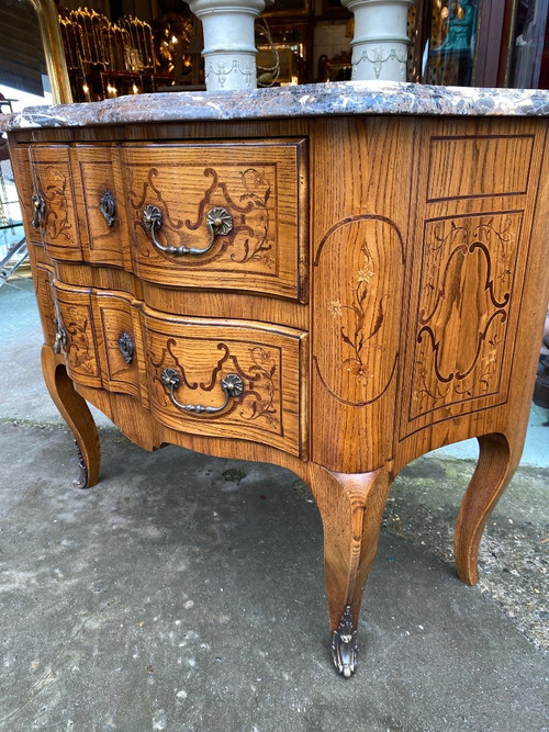 Louis XV Style Shaped Marquetry Chest of Drawers, Stamped