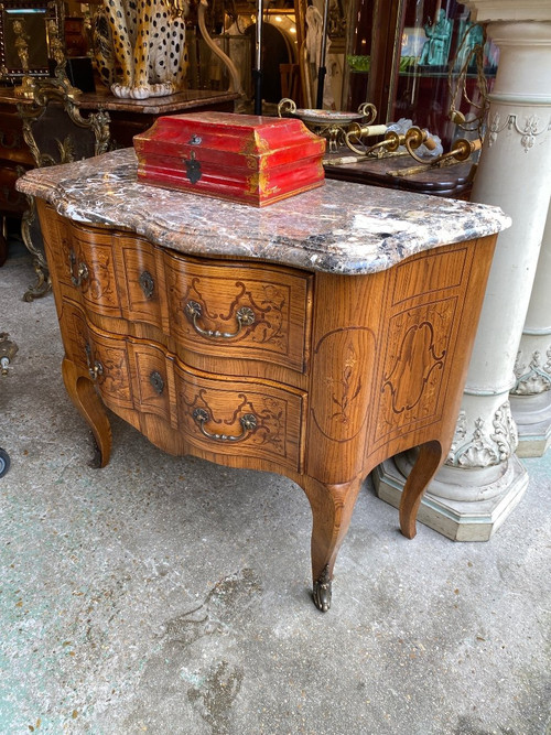 Louis XV Style Shaped Marquetry Chest of Drawers, Stamped