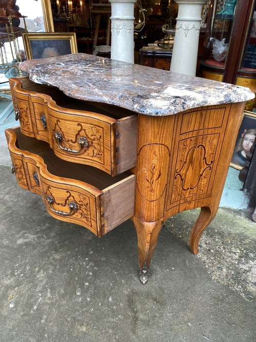 Louis XV Style Shaped Marquetry Chest of Drawers, Stamped