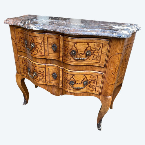 Louis XV Style Shaped Marquetry Chest of Drawers, Stamped