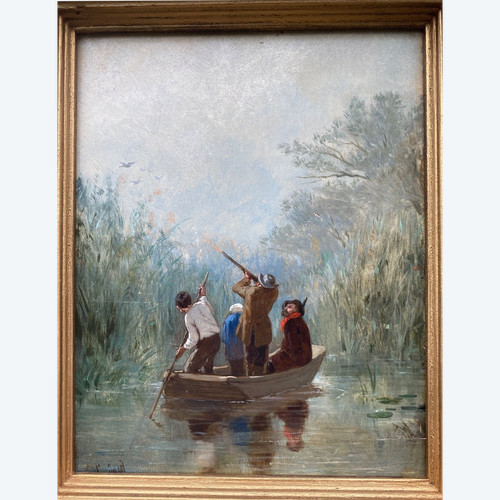 Oil on wood, La Chasse Aux Canards Dans Le Marais, Signed évariste-vital Luminais