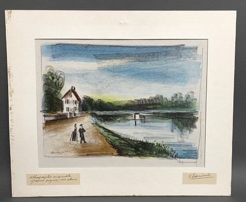 Lithographie originale épreuve signée Maurice Vlaminck bord de rivière