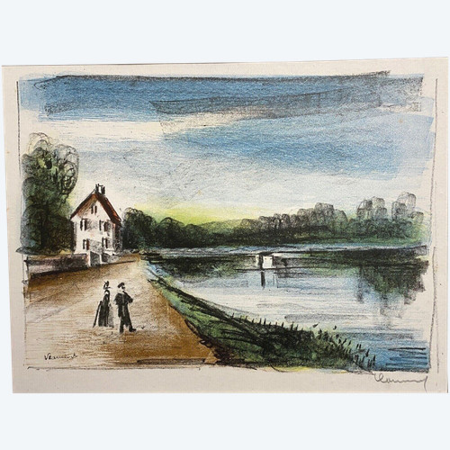 Lithographie originale épreuve signée Maurice Vlaminck bord de rivière