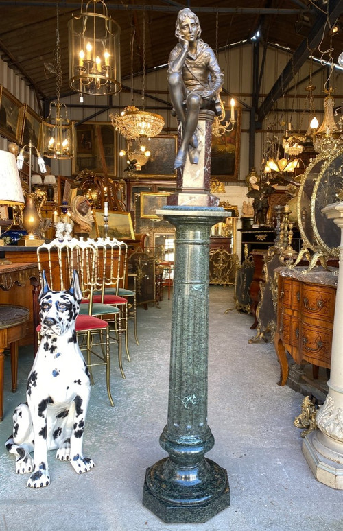 Canneleé Column In Green Marble, Rotating Base, Early 20th C.