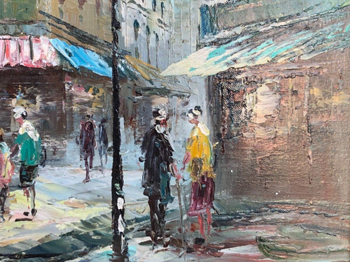 Oil on wood by Alain Parisian scene flower market 1960