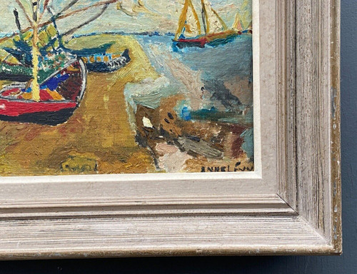 Huile sur panneau par Anne Lévy scène de bateaux milieu XXe cadre cérusé