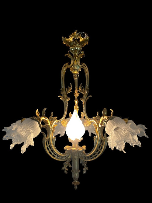 Lampadario in bronzo, periodo Napoleone III, stile Luigi XV rocaille