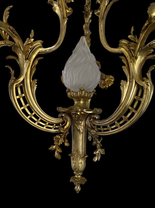 Lampadario in bronzo, periodo Napoleone III, stile Luigi XV rocaille