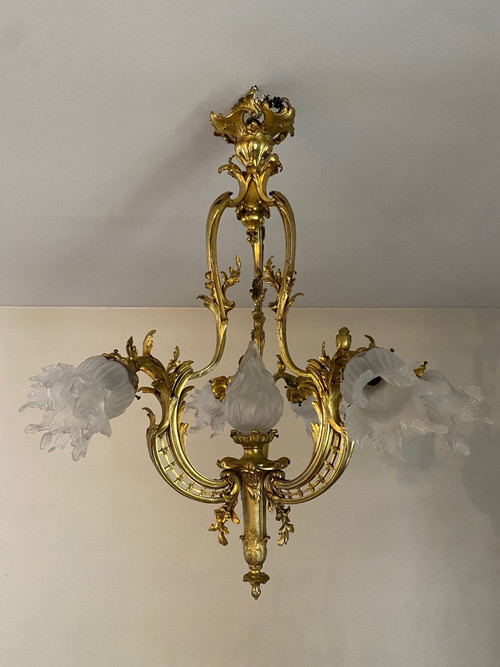 Lampadario in bronzo, periodo Napoleone III, stile Luigi XV rocaille