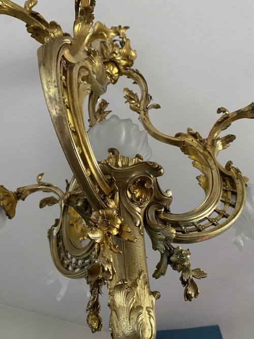 Lampadario in bronzo, periodo Napoleone III, stile Luigi XV rocaille