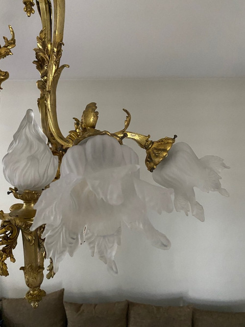 Lampadario in bronzo, periodo Napoleone III, stile Luigi XV rocaille