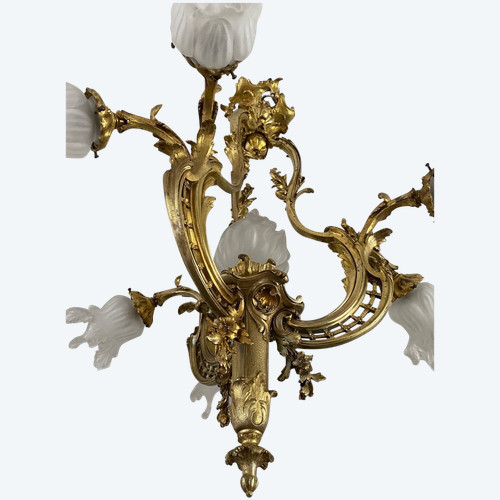 Lampadario in bronzo, periodo Napoleone III, stile Luigi XV rocaille