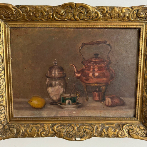 Oil on canvas still life with samovar 20th century gilded stucco frame