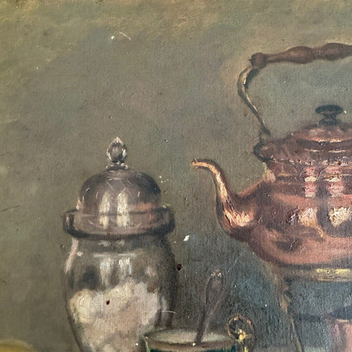 Oil on canvas still life with samovar 20th century gilded stucco frame