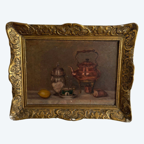 Oil on canvas still life with samovar 20th century gilded stucco frame