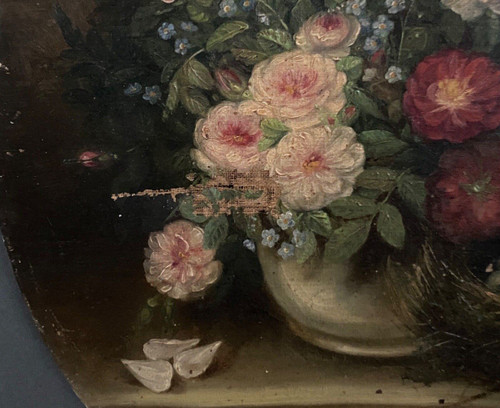 Oil on canvas by A. Flun bouquet of flowers still life with vase 19th century