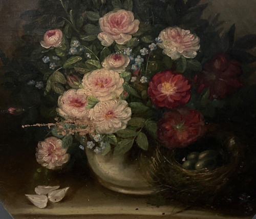 Oil on canvas by A. Flun bouquet of flowers still life with vase 19th century