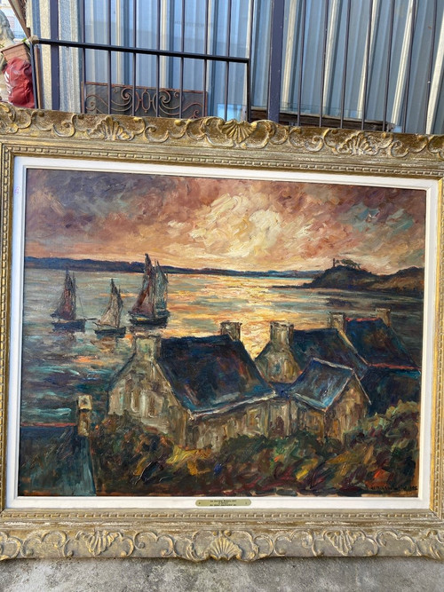 Tableau Breton Ancien, Vue De Paimpol En 1926 Signé, Bretagne, marine…