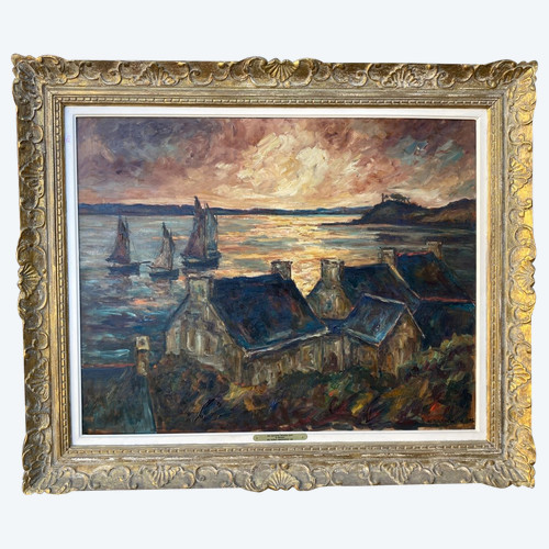 Tableau Breton Ancien, Vue De Paimpol En 1926 Signé, Bretagne, marine…