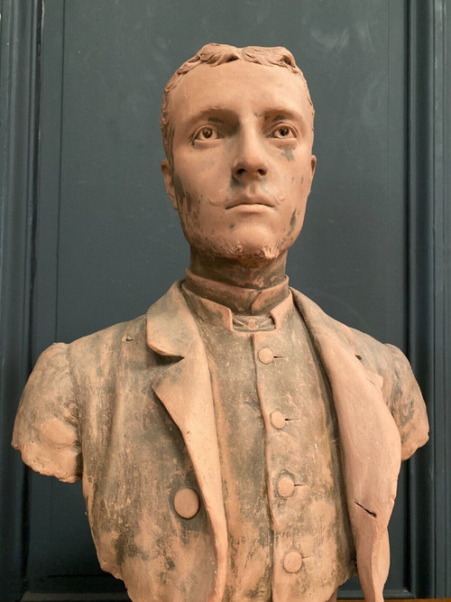 Terracotta bust by Aragon 1887 young man in frock coat