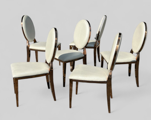 Suite De Six Chaises à dossier médaillon En Laiton Et Skaï Blanc Vers 1980