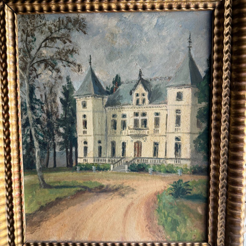 Oil on cardboard representing a property in the early 20th century, gilded frame