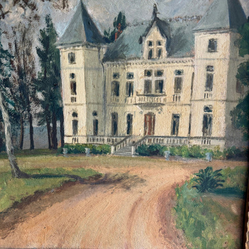 Oil on cardboard representing a property in the early 20th century, gilded frame