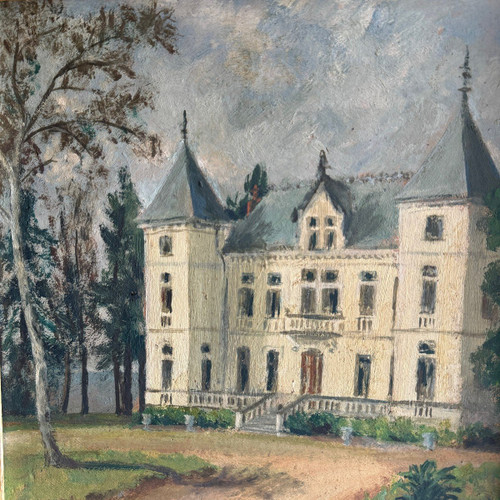 Oil on cardboard representing a property in the early 20th century, gilded frame