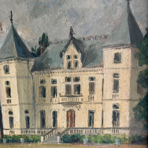 Oil on cardboard representing a property in the early 20th century, gilded frame