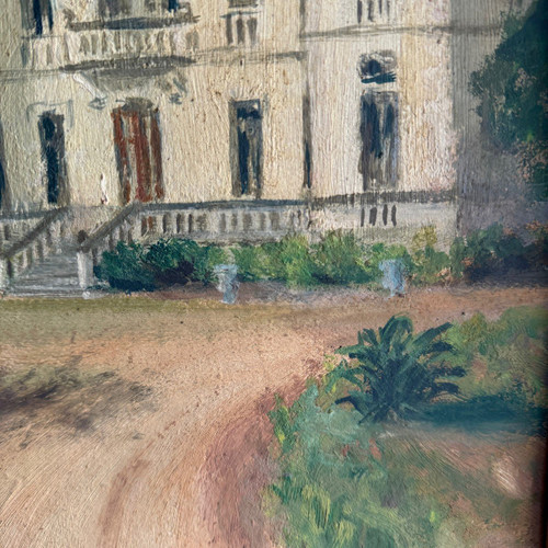 Oil on cardboard representing a property in the early 20th century, gilded frame