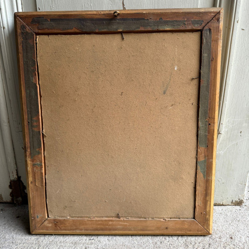 Oil on cardboard representing a property in the early 20th century, gilded frame