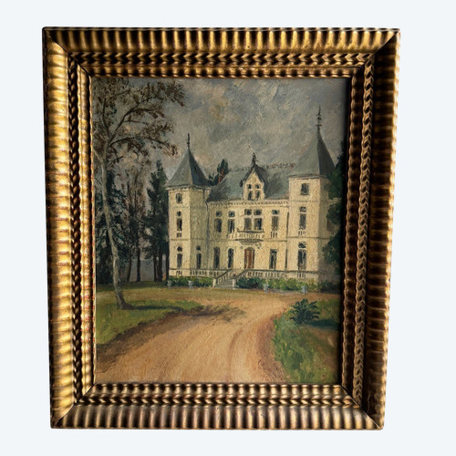 Oil on cardboard representing a property in the early 20th century, gilded frame