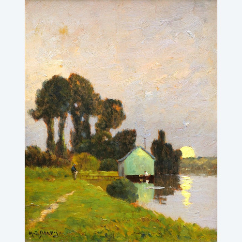 Henry Jacques DELPY, Riverbank animated at moonrise