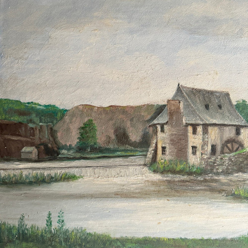 Oil on cardboard early 20th century water mill baguette frame