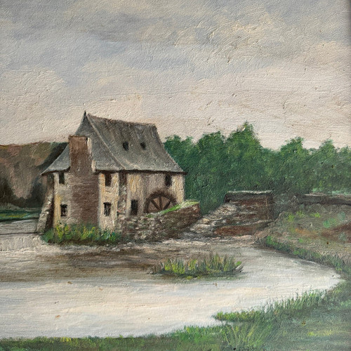 Oil on cardboard early 20th century water mill baguette frame