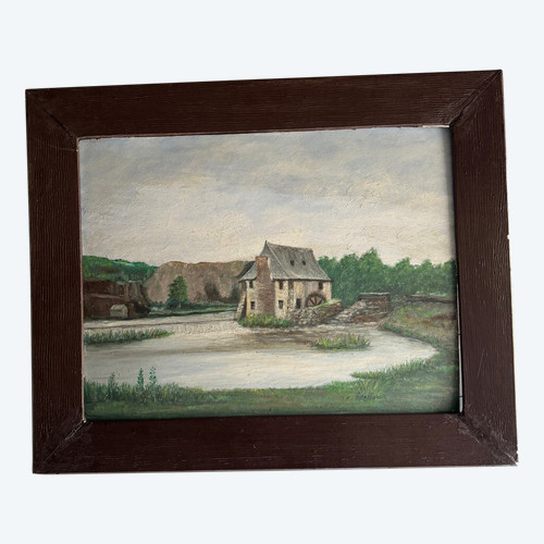 Oil on cardboard early 20th century water mill baguette frame