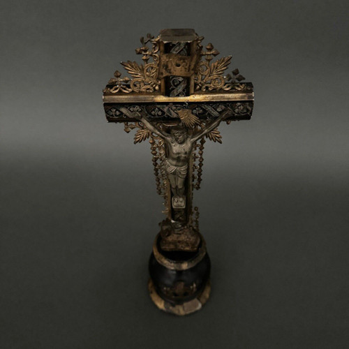 Crucifix Napoleon III Louis XIV cross in carved wood and bronze