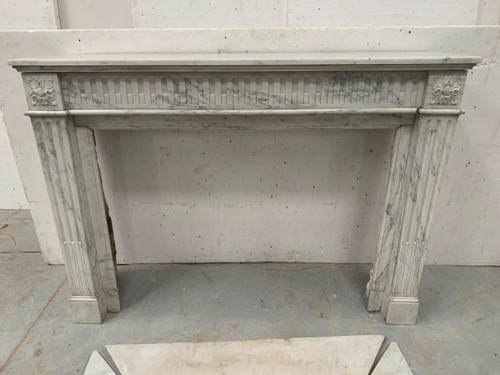 Louis XVI Style Fireplace in White Veined Carrara Marble, 19th Century