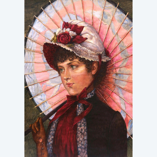 Ernest Ange DUEZ, Porträt einer eleganten Frau mit Sonnenschirm