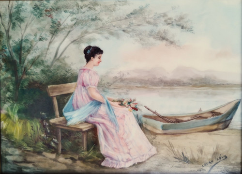 Romantic Landscape Portrait of a Lady Painting On Porcelain By Laure Lévy Limoges Jean Pouyat 