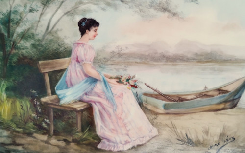 Romantic Landscape Portrait of a Lady Painting On Porcelain By Laure Lévy Limoges Jean Pouyat 