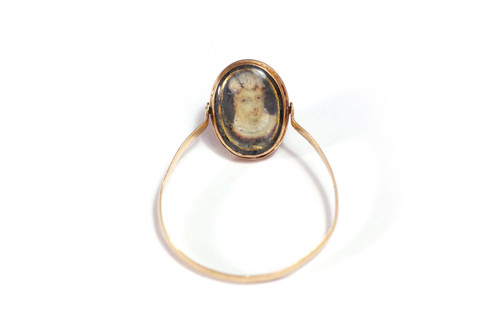 Anello con ritratto girevole del XVIII secolo in oro 18 carati, fiore, ritratto di signora, anello di sistema